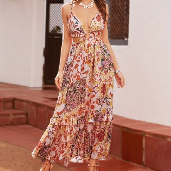 . Dresses & Skirts - Multicolor Boho Womens Floral Print Plunging Neck Ruffle Hem Cami Dress